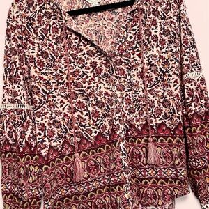 Lucky Brand Red and Cream Bohemian Floral Tassel Blouse
